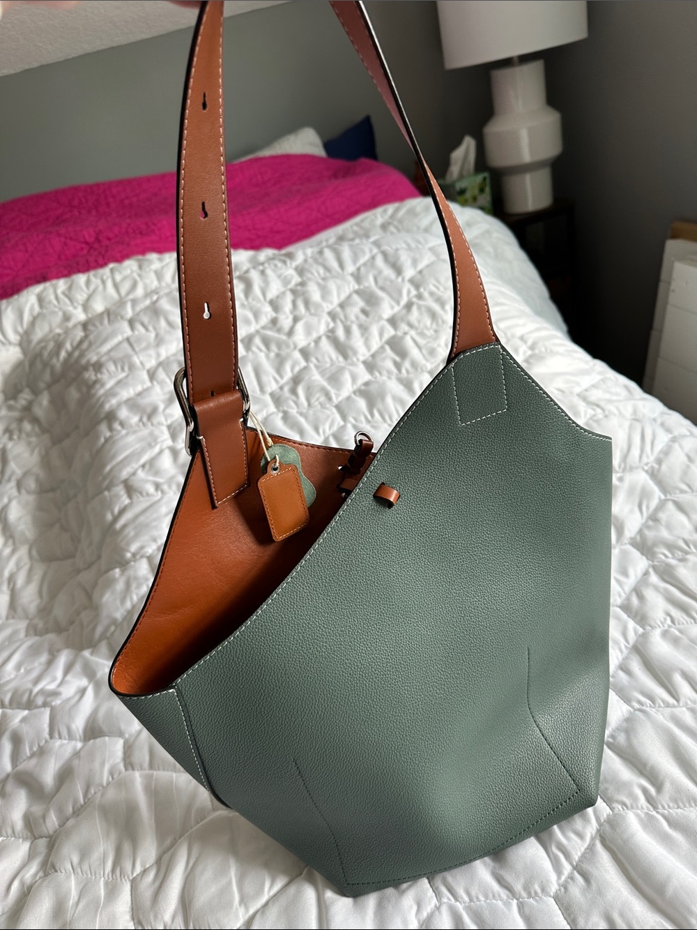 Women's Green Leather Tote Shoulder Bag with Tan Strap - Picture 2 of 5
